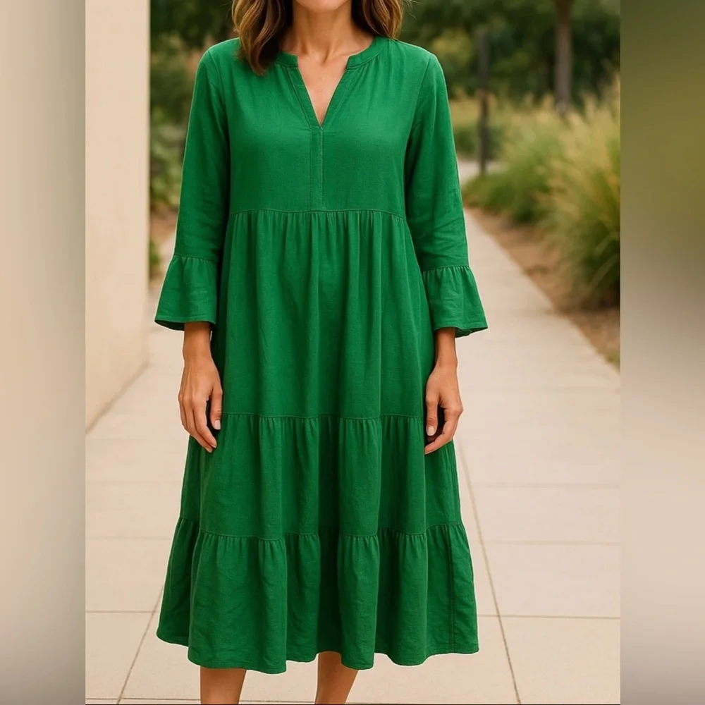J.Jill Kelly Green Linen Blend Midi Dress V-Neck Tiered Bell Sleeve 2X - Picture 1 of 7